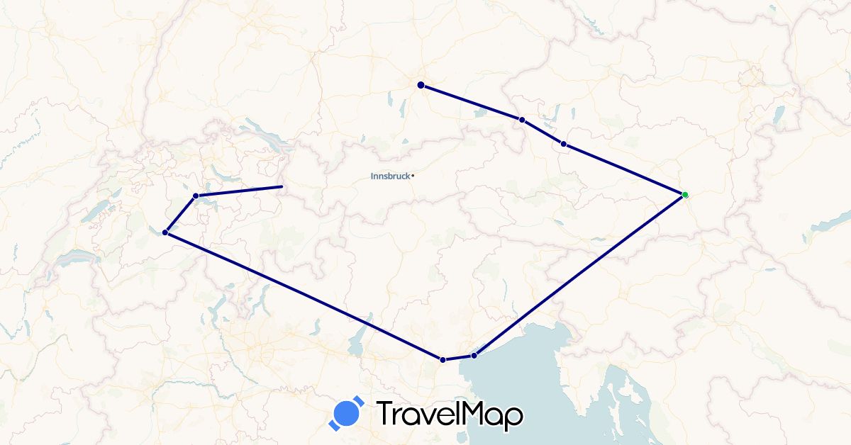 TravelMap itinerary: driving, bus in Austria, Switzerland, Germany, Italy, Liechtenstein (Europe)